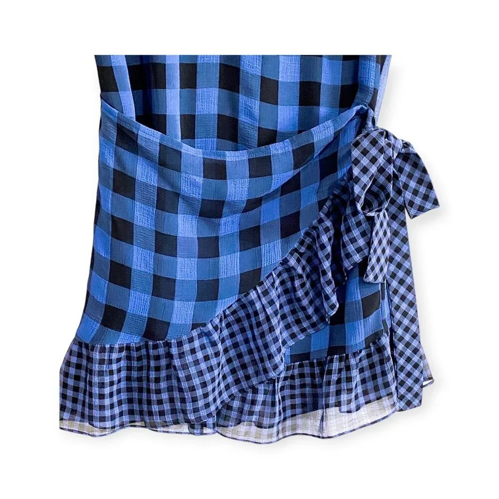 Tularosa Jenny Blue and Black Buffalo/gingham Plaid Wrap Mini Dress, Size M